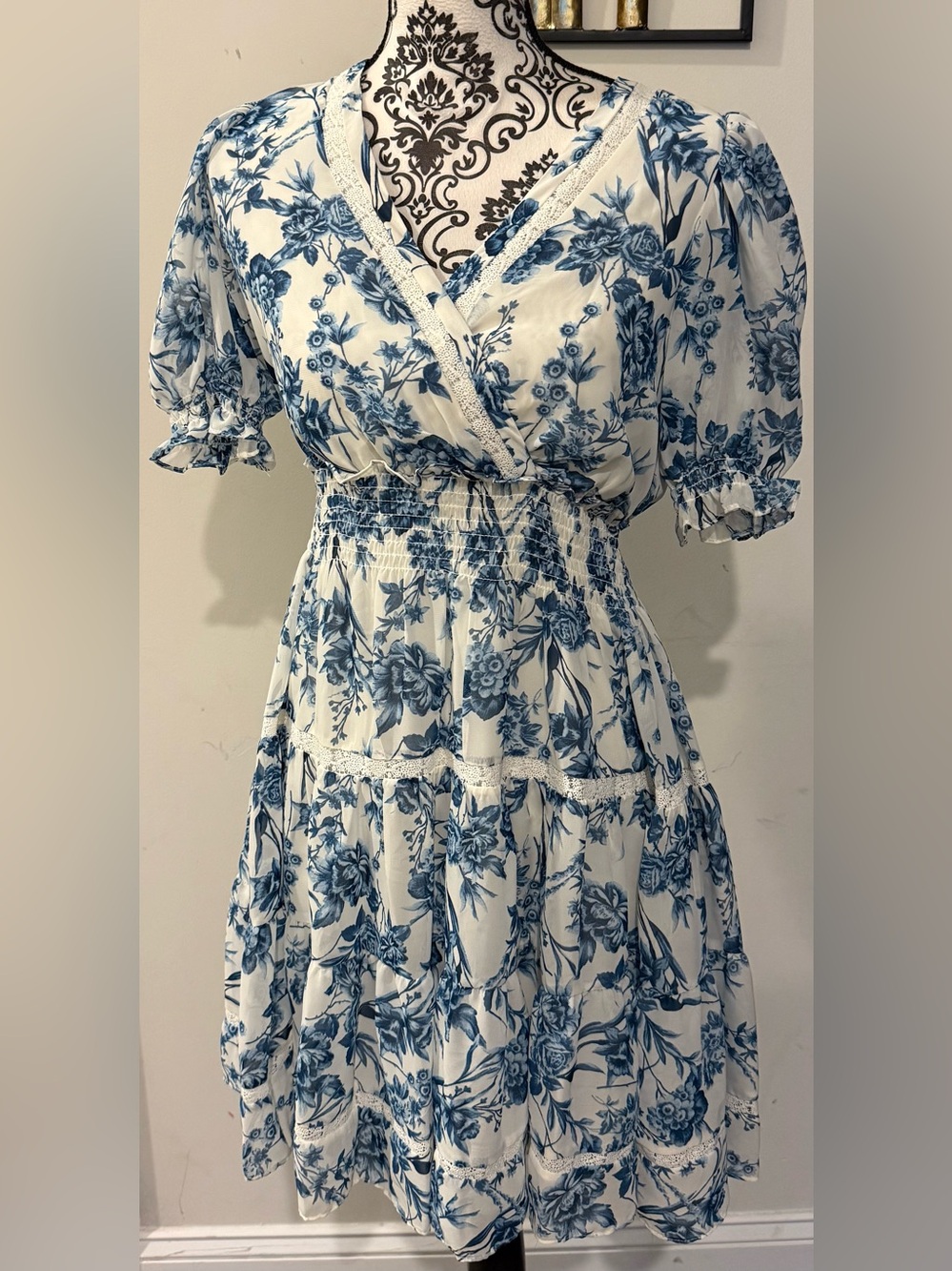 Taylor Blue & Cream Floral Wrap-Style Midi Dress - Picture 1 of 10